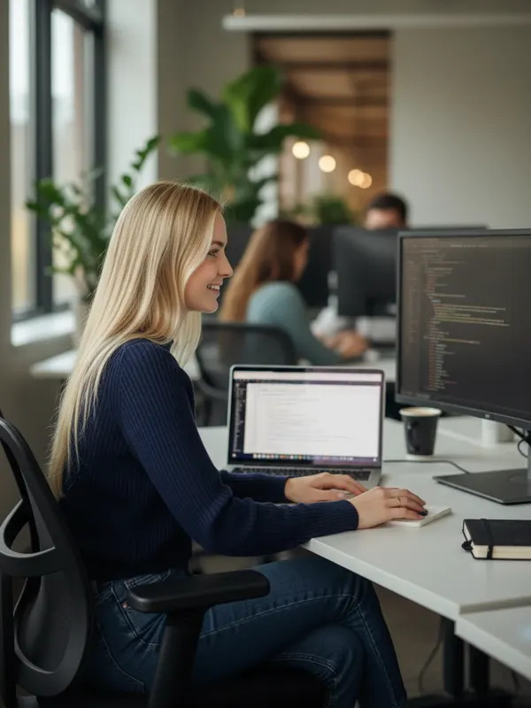 Ava, an AI character, writing code on a laptop and a big monitor at the office (AI-generated image)