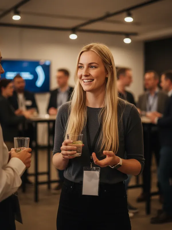 Ava, an AI character, chatting at an evening tech meetup holding a drink and a name badge (AI-generated image)