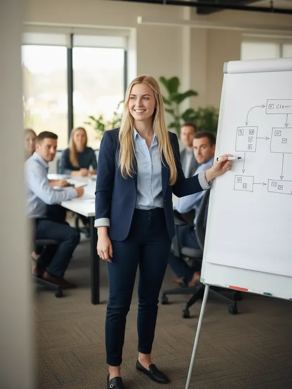 Ava, an AI character, explaining a system diagram on a whiteboard to her team (AI-generated image)