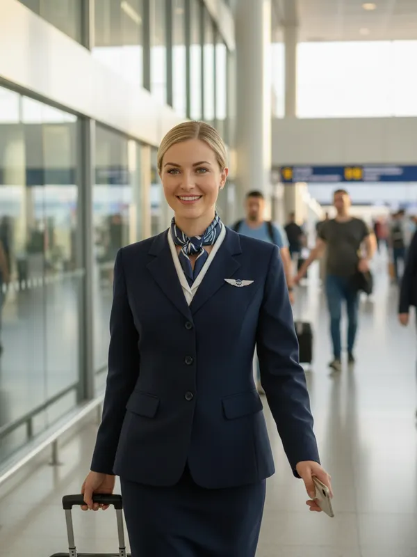 Chloe, an AI character, walking through an airport terminal in uniform pulling a small suitcase (AI-generated image)