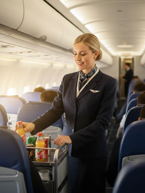 Chloe, an AI character, serving drinks from a trolley in an aircraft cabin in her flight attendant uniform (AI-generated image)