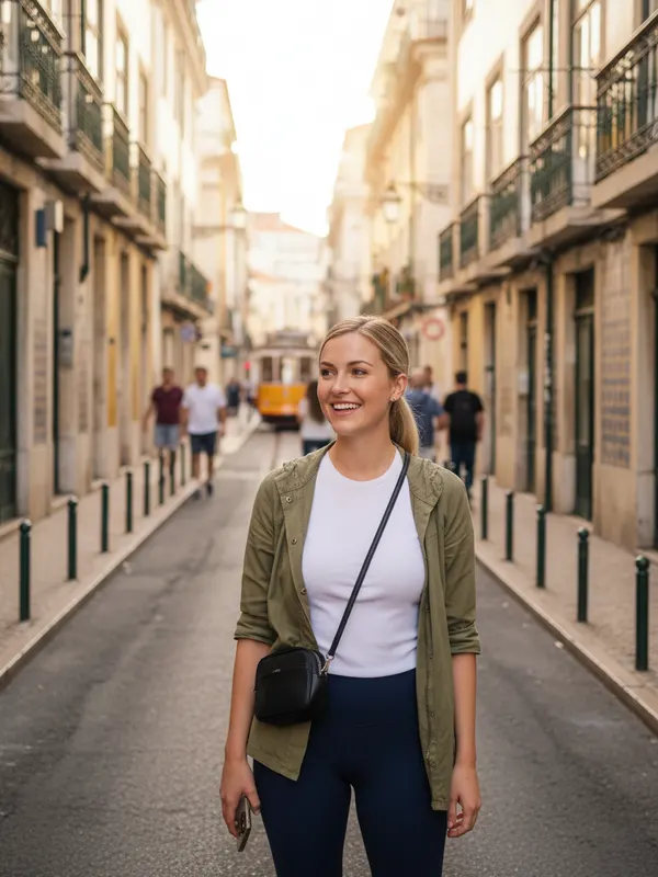 Chloe, an AI character, exploring a colourful old street in Lisbon on a layover (AI-generated image)
