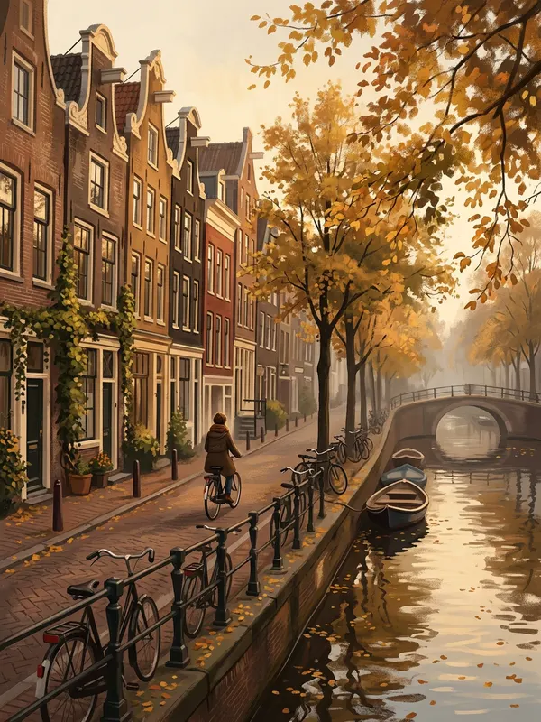 Illustration of a person cycling along an Amsterdam canal in autumn past tall narrow houses (AI-generated)