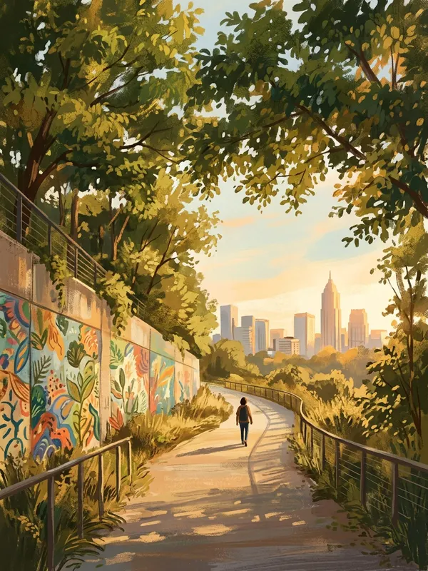 Illustration of a person walking along the Atlanta BeltLine trail under green trees with murals and the skyline (AI-generated)