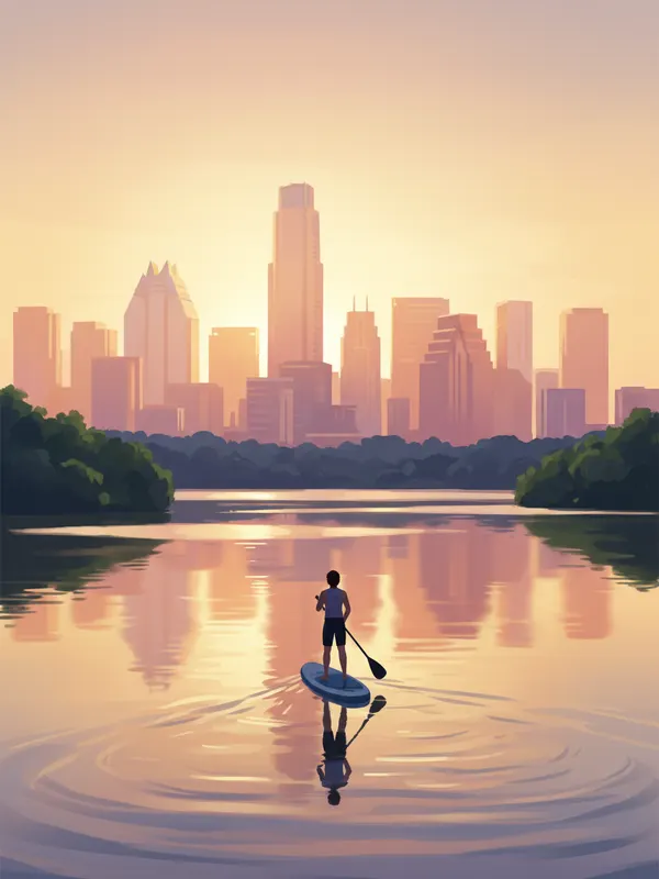 Illustration of a person paddleboarding on Lady Bird Lake at sunset with the Austin skyline (AI-generated)