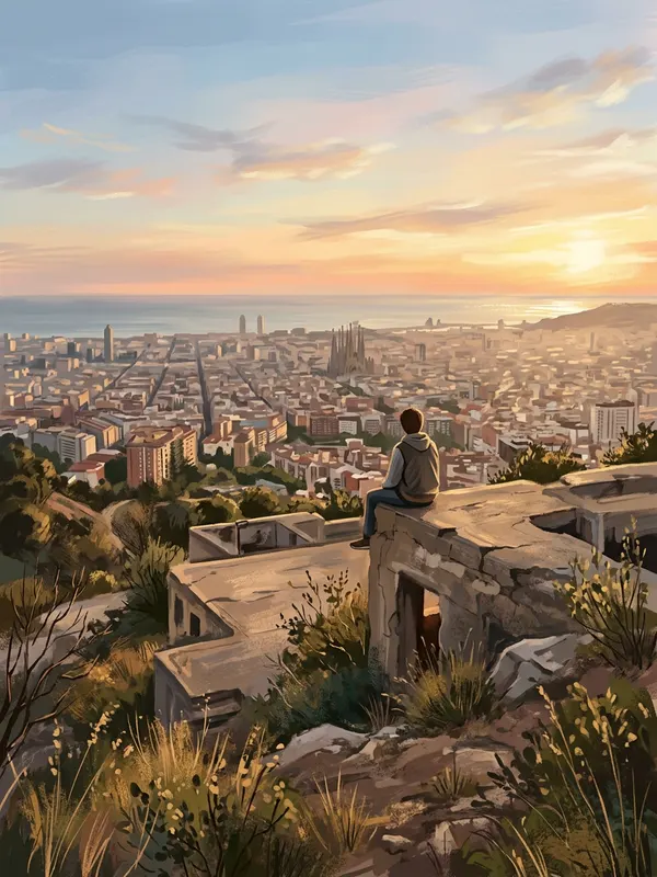Illustration of a person watching the sunset over Barcelona from the Bunkers del Carmel hilltop (AI-generated)