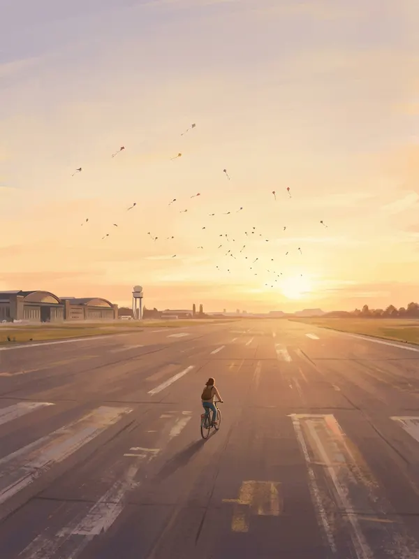 Illustration of a person cycling across the open runway of Tempelhofer Feld in Berlin at sunset (AI-generated)