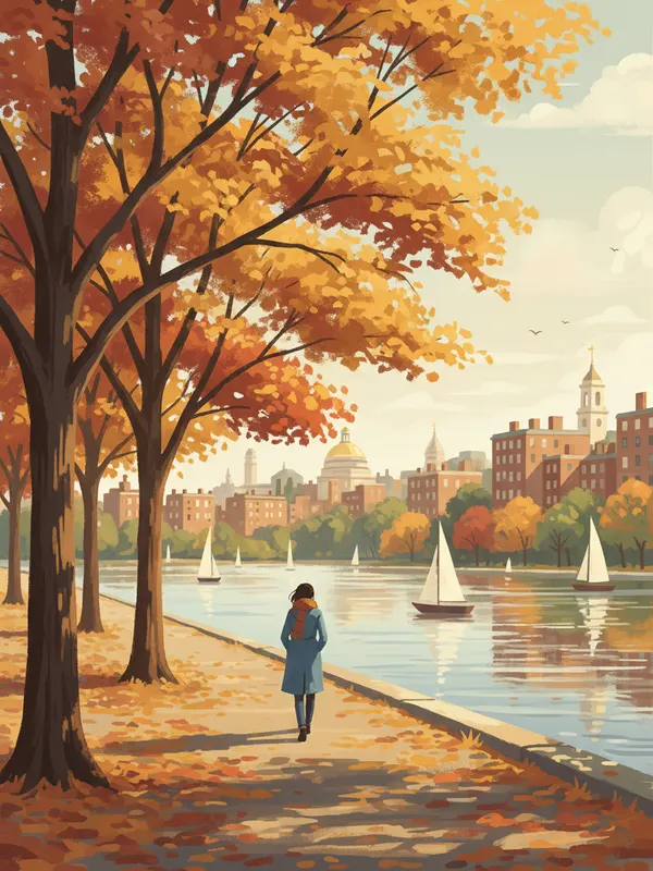 Illustration of a person walking along the Charles River Esplanade in autumn with sailboats on the river (AI-generated)