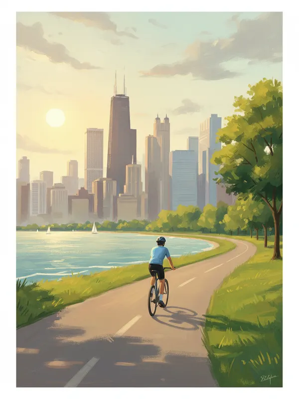 Illustration of a person cycling the Lakefront Trail beside Lake Michigan toward the Chicago skyline (AI-generated)