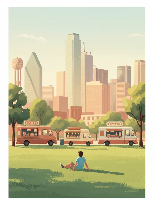 Illustration of a person relaxing on the lawn at Klyde Warren Park in downtown Dallas (AI-generated)