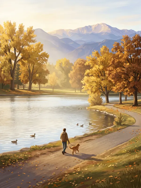 Illustration of a person walking a dog in Washington Park, Denver, with the Rocky Mountains on the horizon (AI-generated)
