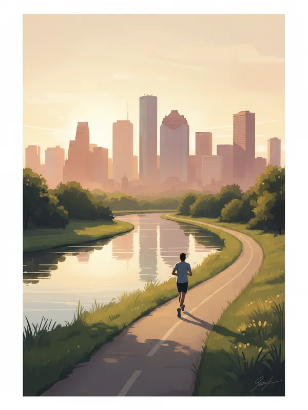 Illustration of a person jogging along Buffalo Bayou at golden hour with the Houston skyline (AI-generated)