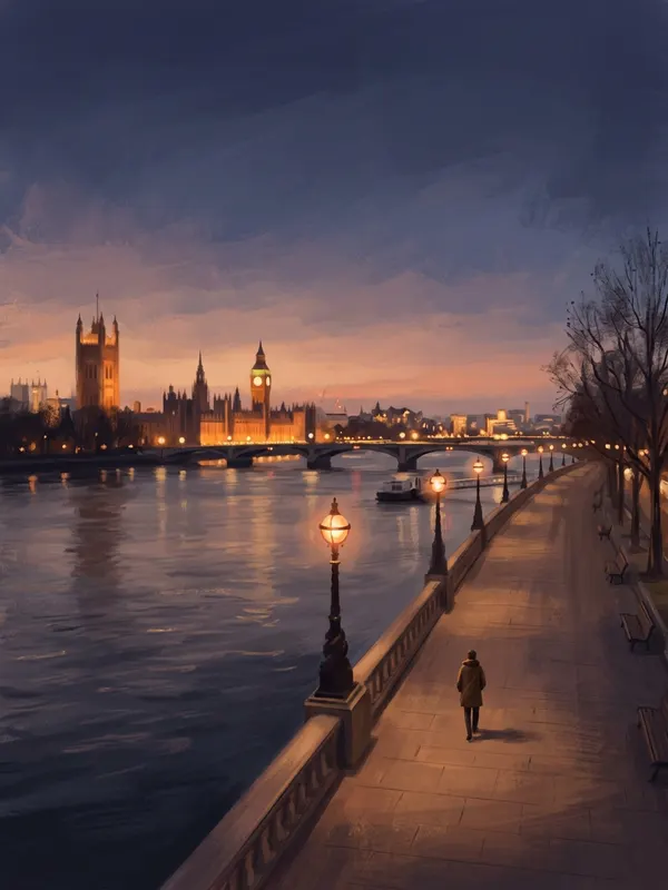Illustration of a person walking along the South Bank of the Thames at dusk with London landmarks across the river (AI-generated)