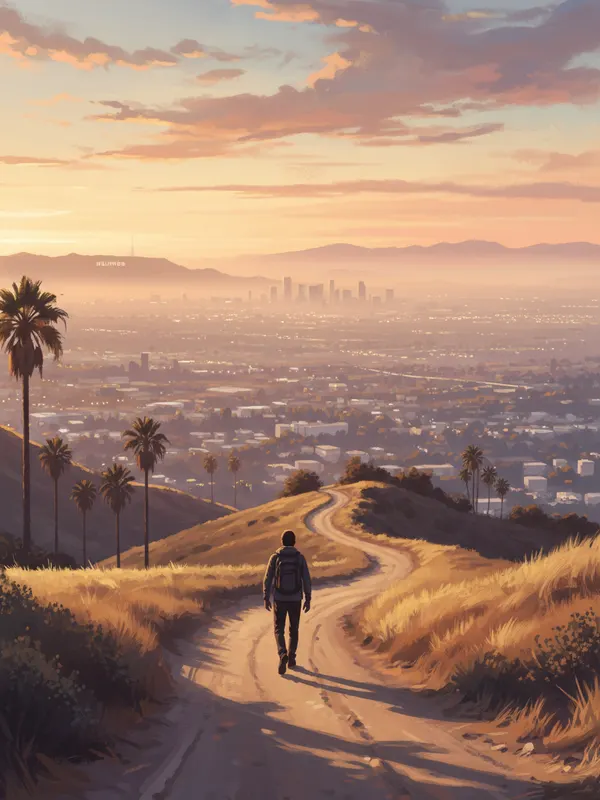 Illustration of a person hiking in Griffith Park at sunset above the Los Angeles basin (AI-generated)