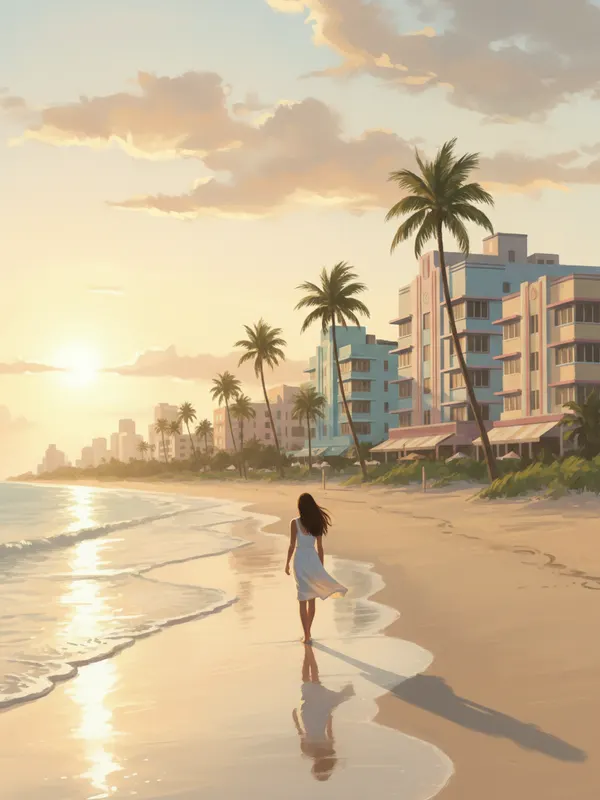 Illustration of a person walking on the beach in Miami at sunrise with art deco hotels and palm trees (AI-generated)