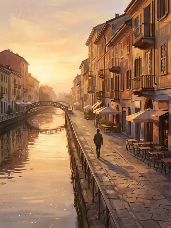 Illustration of a person walking along the Naviglio Grande canal in Milan at golden hour (AI-generated)