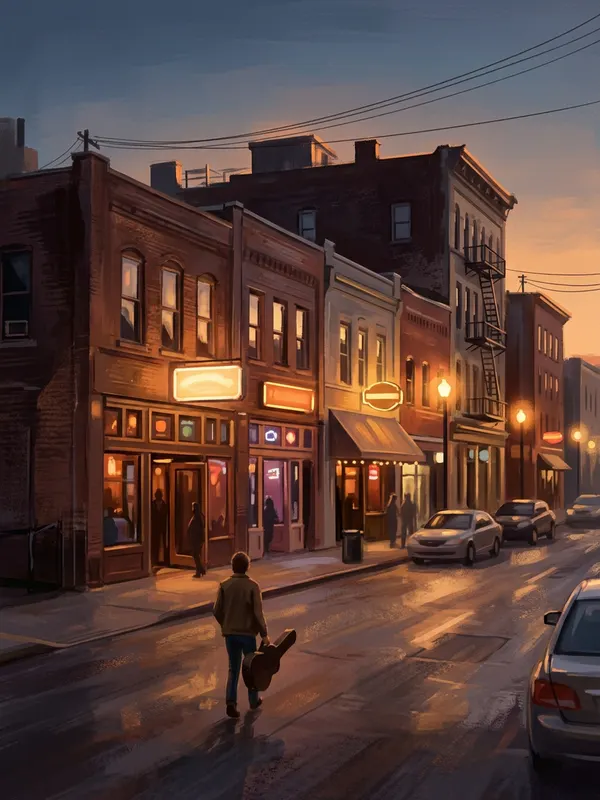 Illustration of a person with a guitar case walking down a Nashville street at dusk past warm-lit music venues (AI-generated)