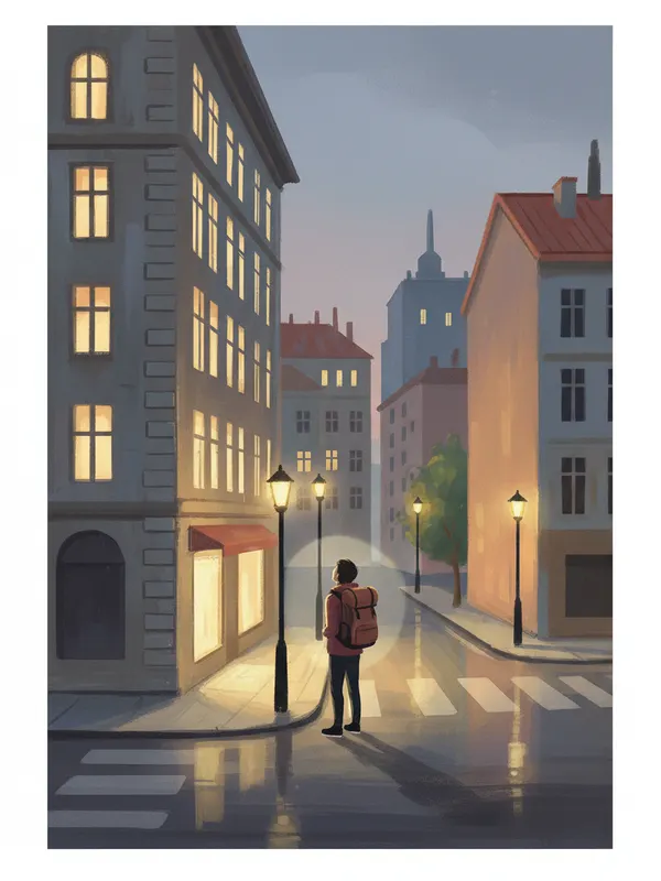 Illustration of a person with a backpack at a city street corner at dusk (AI-generated)