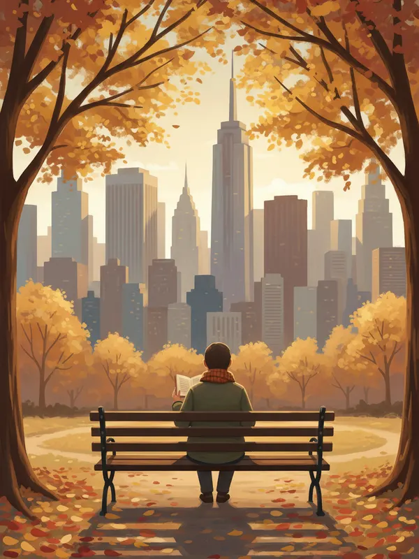 Illustration of a person reading on a bench in Central Park in autumn with the Manhattan skyline (AI-generated)