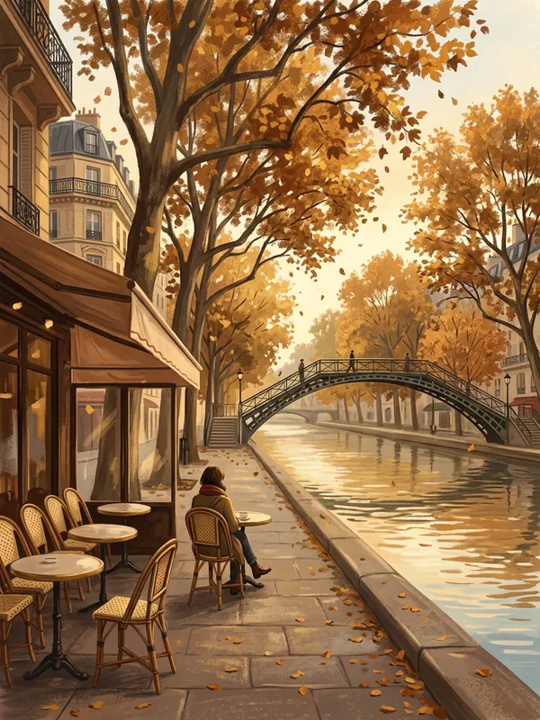 Illustration of a person sitting alone at a café terrace beside Canal Saint-Martin in Paris in autumn (AI-generated)