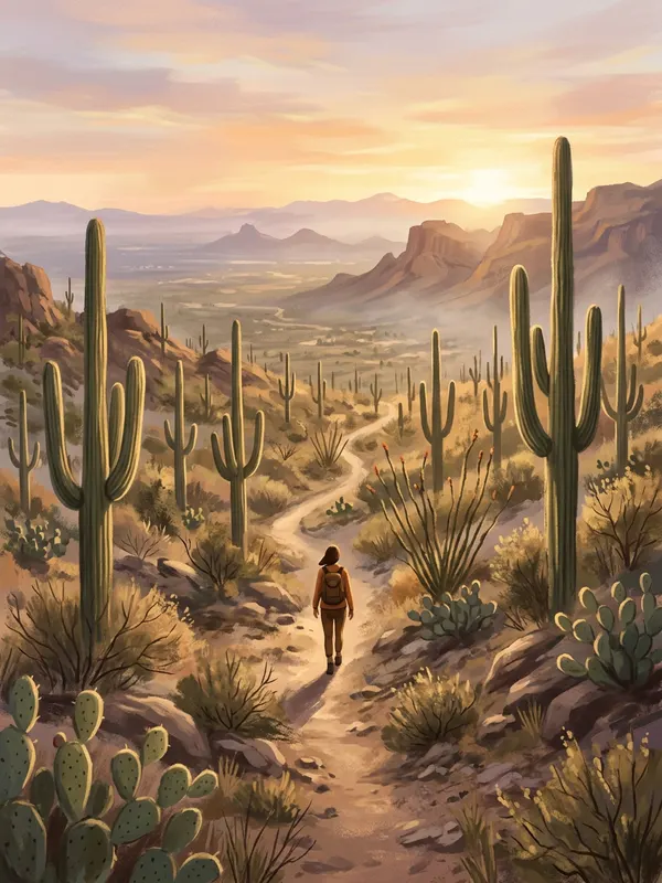 Illustration of a person hiking a desert trail at sunrise among saguaro cacti near Phoenix (AI-generated)