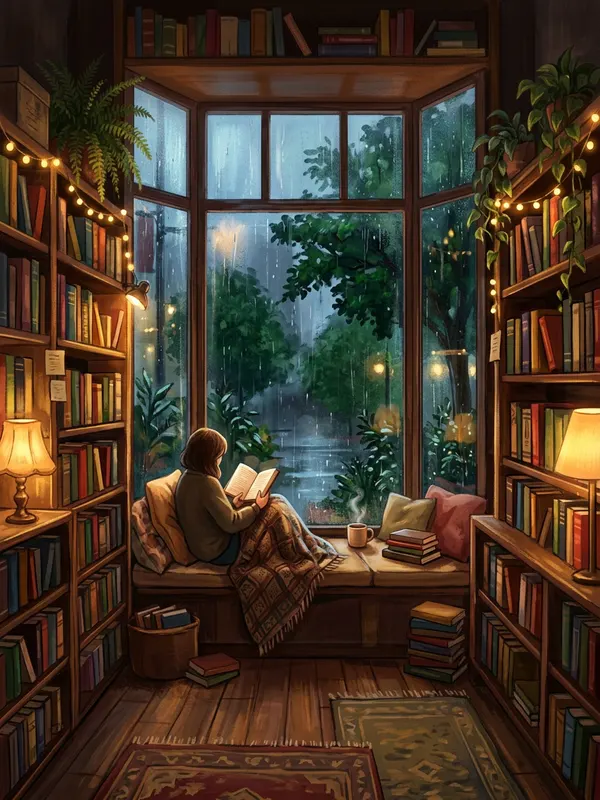 Illustration of a person reading in a cosy bookshop window on a rainy evening in Portland, Oregon (AI-generated)