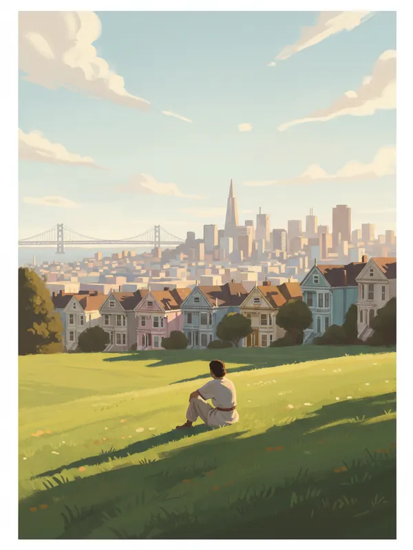 Illustration of a person sitting on the grass at Dolores Park with the San Francisco skyline beyond (AI-generated)