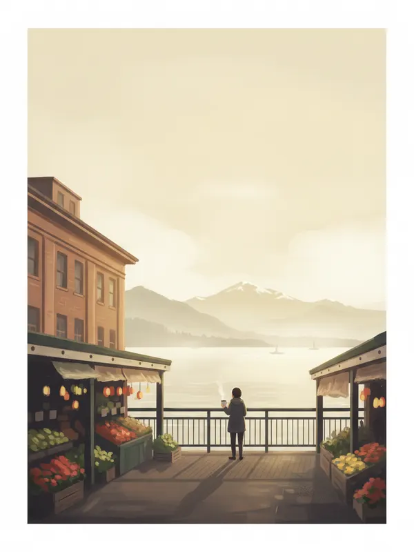 Illustration of a person holding a coffee at Pike Place Market on a misty morning above Elliott Bay (AI-generated)