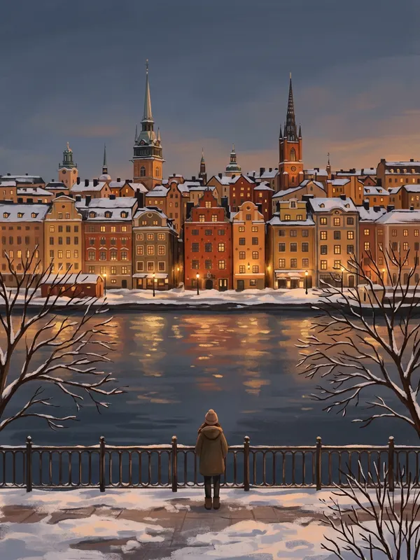 Illustration of a person looking over the water at Stockholm's old town Gamla stan on a winter evening (AI-generated)