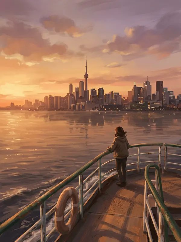 Illustration of a person on the Toronto Islands ferry looking back at the city skyline at sunset (AI-generated)