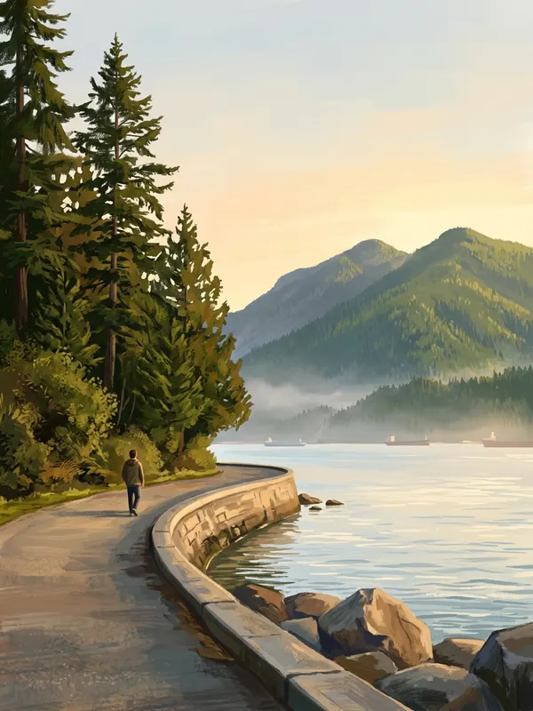 Illustration of a person walking the Stanley Park seawall in Vancouver with mountains and the harbour behind (AI-generated)