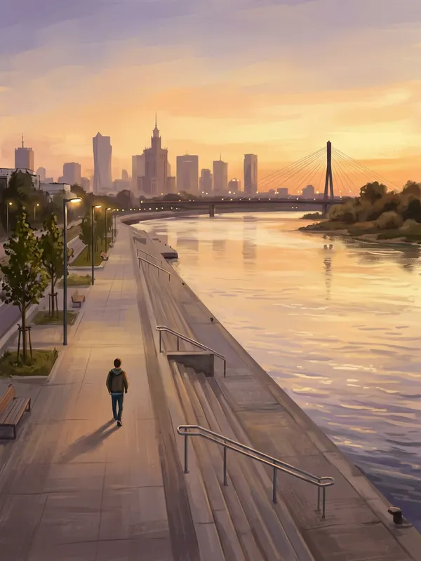 Illustration of a person walking along the Vistula river boulevards in Warsaw at sunset with the skyline behind (AI-generated)