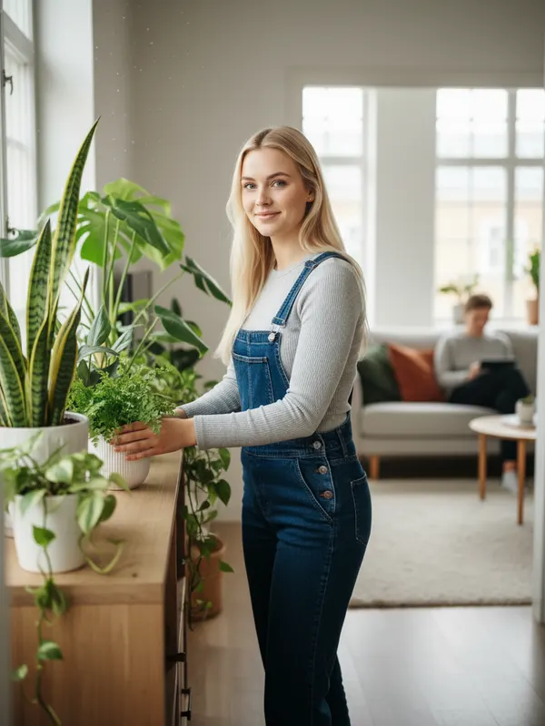 Ella, an AI character, arranging plants in her cosy Scandinavian-style apartment (AI-generated image)