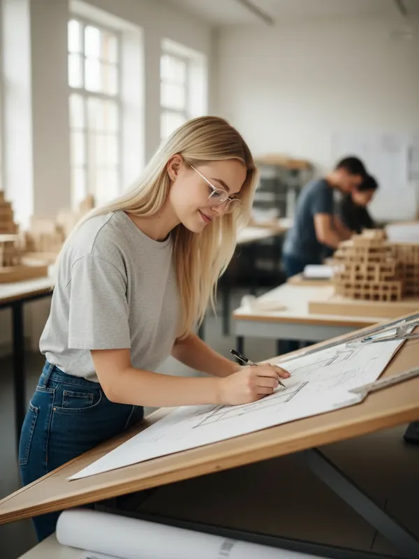 Ella, an AI character, drawing a building plan at a drafting table (AI-generated image)