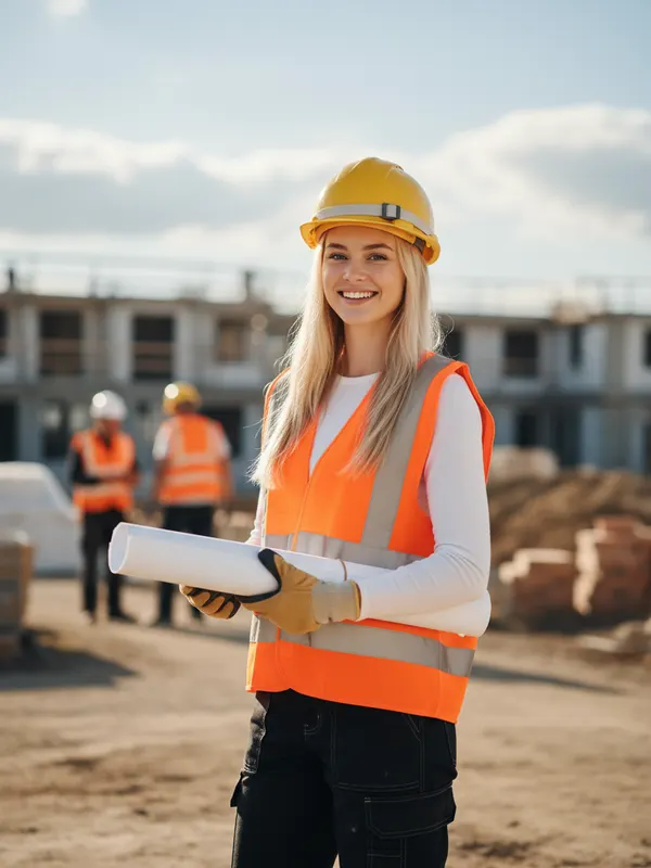 Ella, an AI character, visiting a construction site in a hard hat and hi-vis vest holding plans (AI-generated image)