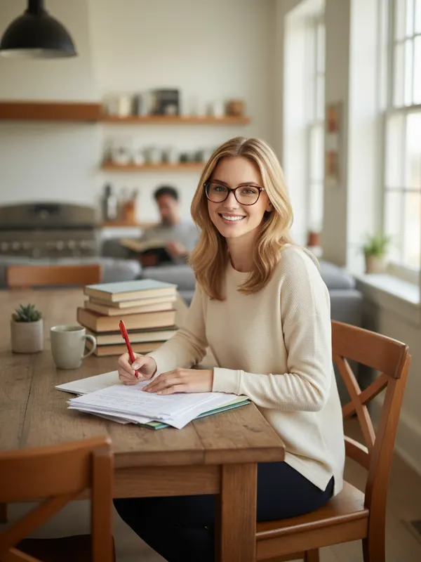 Emily, an AI character, grading a stack of essays at her kitchen table with a red pen (AI-generated image)
