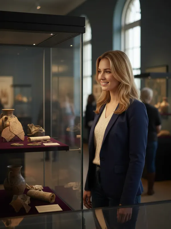 Emily, an AI character, looking at an exhibit in a history museum (AI-generated image)