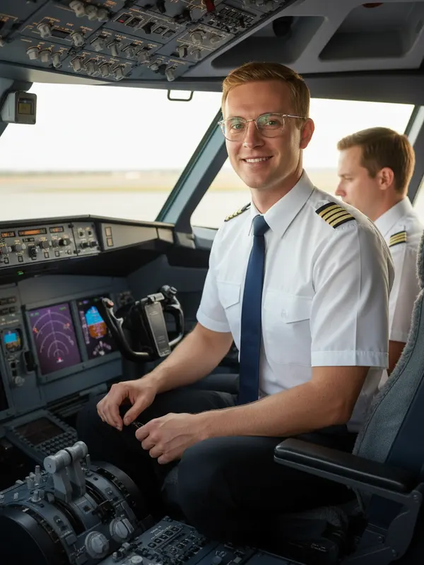 Ethan, an AI character, doing pre-flight checks in an airliner cockpit in his pilot uniform (AI-generated image)