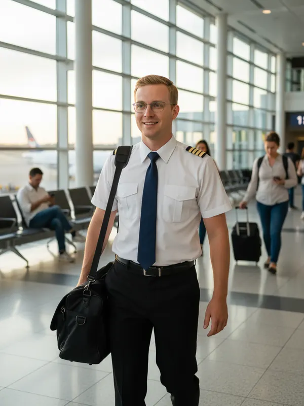 Ethan, an AI character, walking through an airport terminal in pilot uniform with a flight bag (AI-generated image)