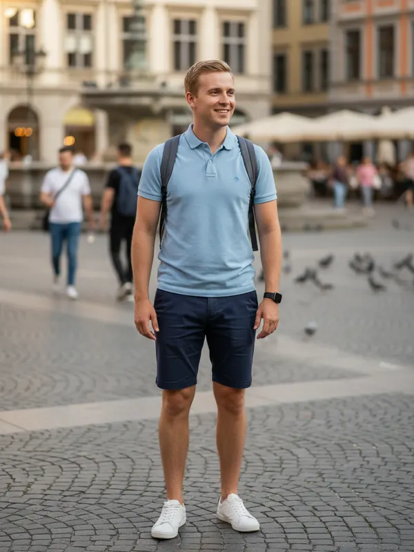 Ethan, an AI character, exploring a city square on a layover (AI-generated image)