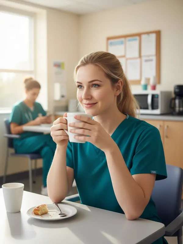 Grace, an AI character, taking a break with a coffee in the hospital staff room in scrubs (AI-generated image)