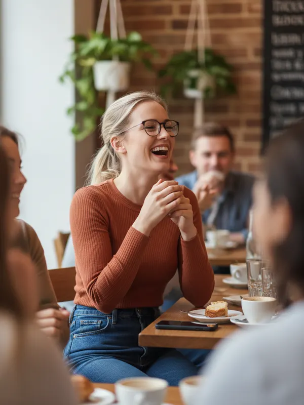 Grace, an AI character, laughing with friends over lunch (AI-generated image)