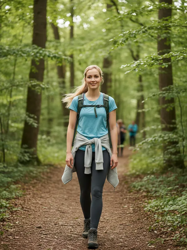 Grace, an AI character, hiking a forest trail with a small backpack (AI-generated image)