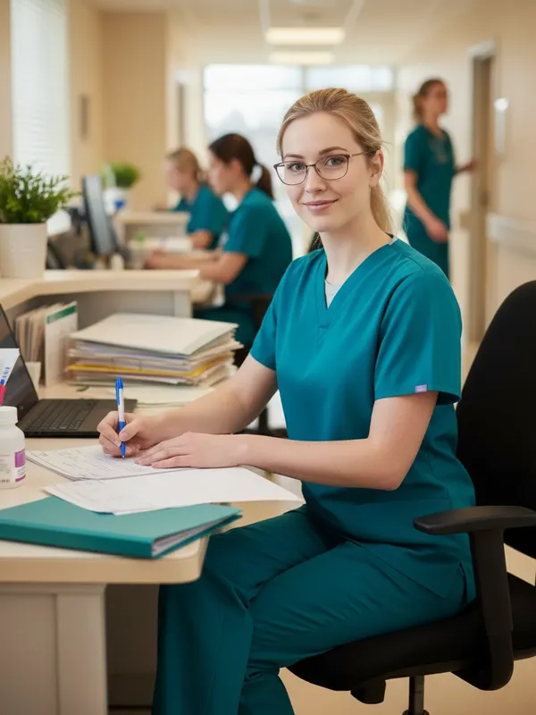 Grace, an AI character, writing patient charts at the nurses' station in teal scrubs (AI-generated image)
