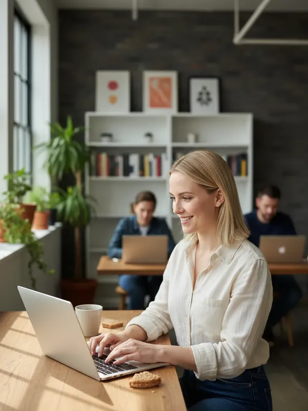 Hannah, an AI character, working on a laptop in a bright coworking space (AI-generated image)