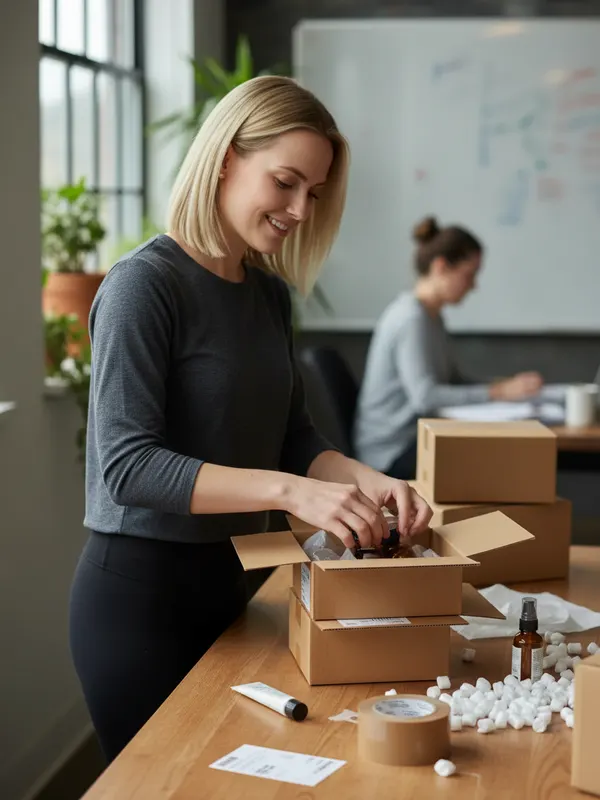 Hannah, an AI character, packing skincare orders into boxes at her small office (AI-generated image)