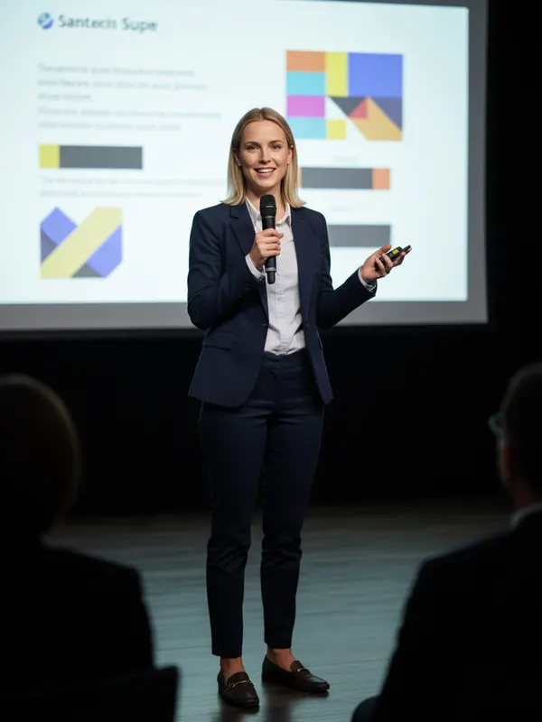 Hannah, an AI character, pitching on stage with presentation slides behind her (AI-generated image)
