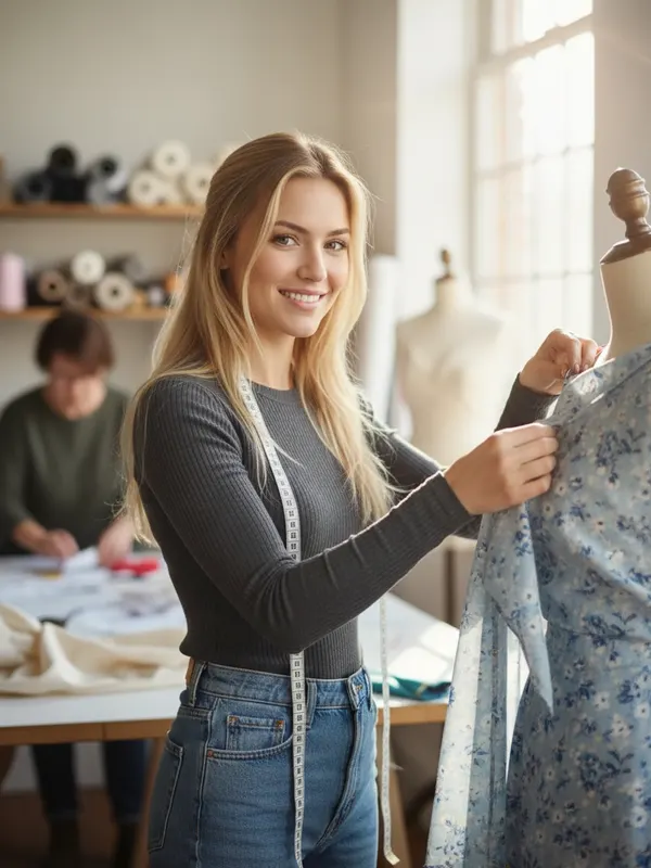 Isabella, an AI character, pinning fabric on a dress form in her design studio (AI-generated image)