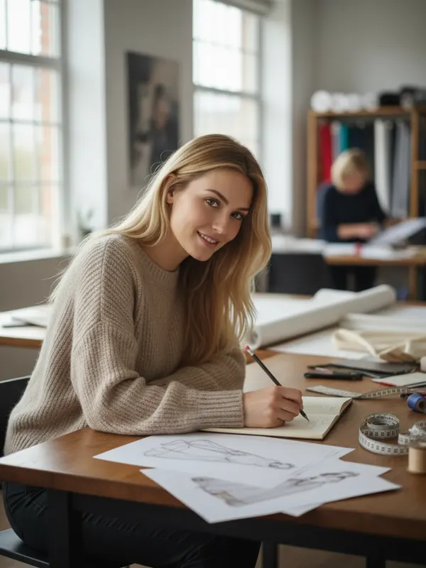 Isabella, an AI character, sketching dress designs at her studio desk (AI-generated image)