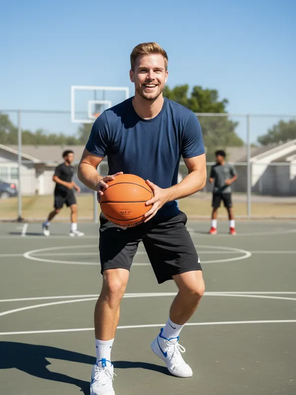 Jack, an AI character, playing basketball on an outdoor court (AI-generated image)